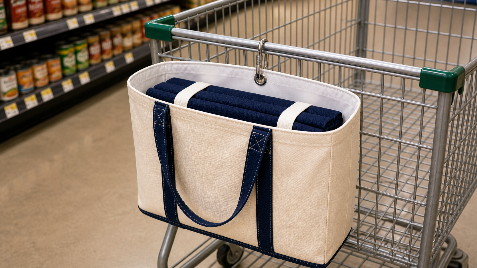Cream fifth tote clipped to a grocery cart with folded navy totes inside