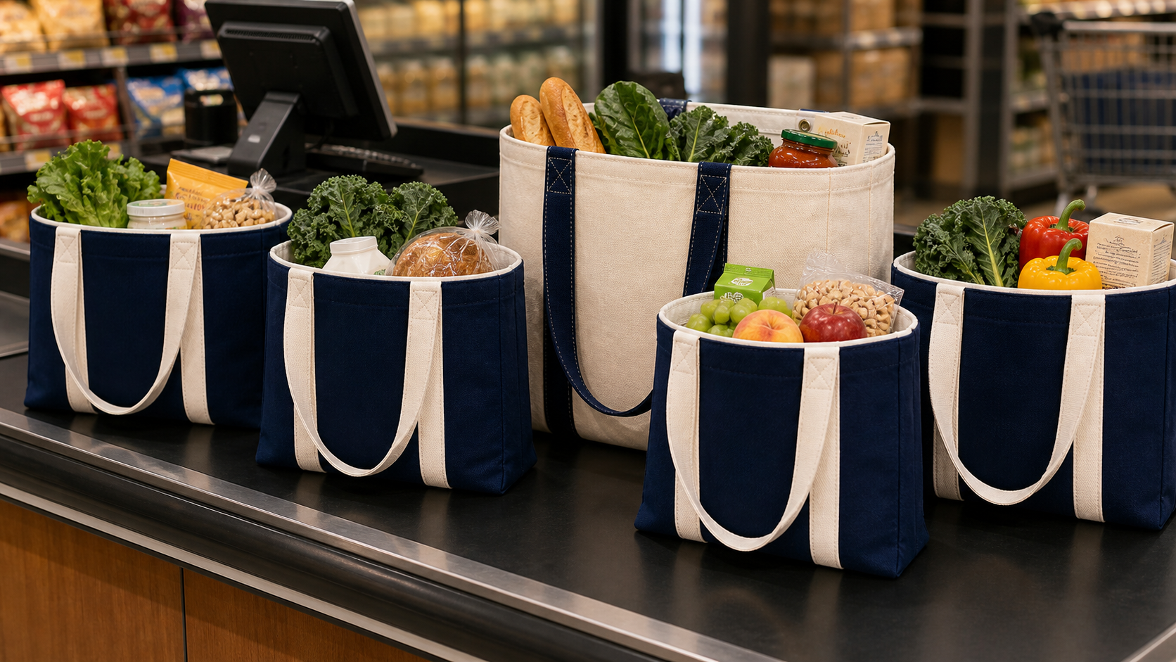 All five totes filled with groceries at checkout