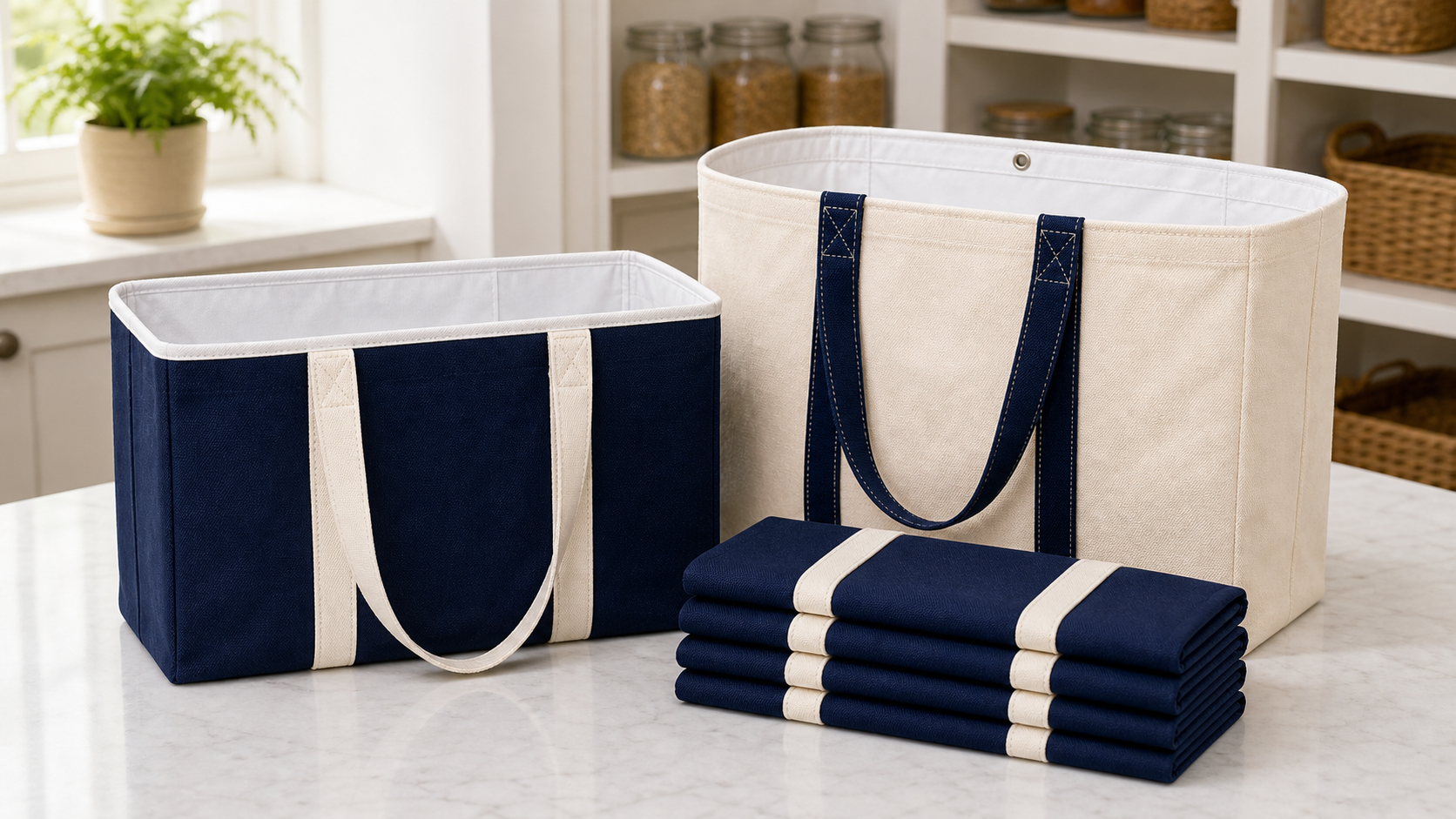 Cream fifth tote holding folded navy totes on a pantry shelf
