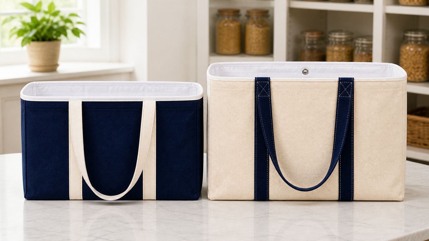 Cream fifth tote and navy interior tote shown side by side