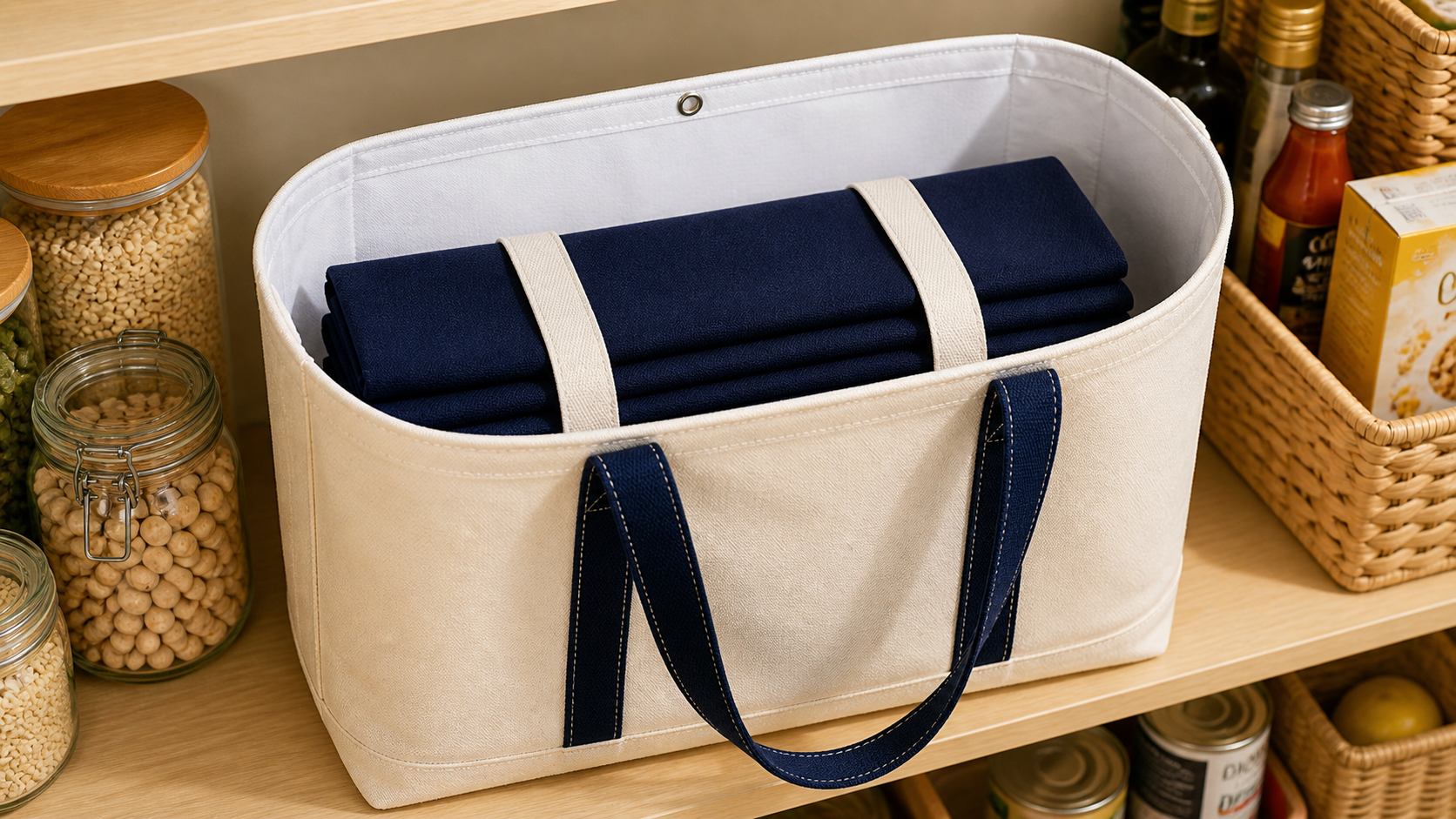 Folded navy totes stacked beside the cream fifth tote